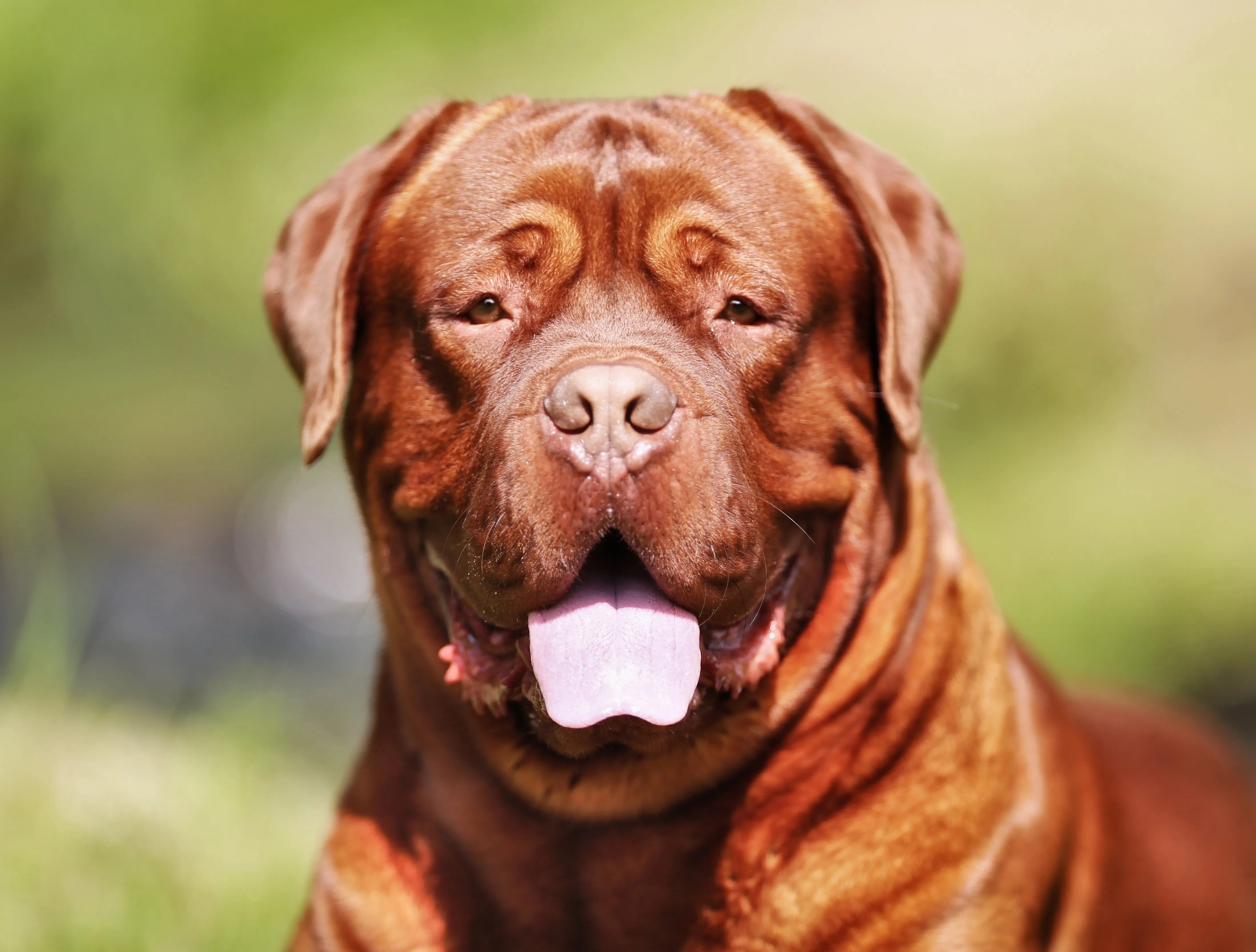 Closeup of brown French Mastiff dogs face looking forward with its tongue slightly out