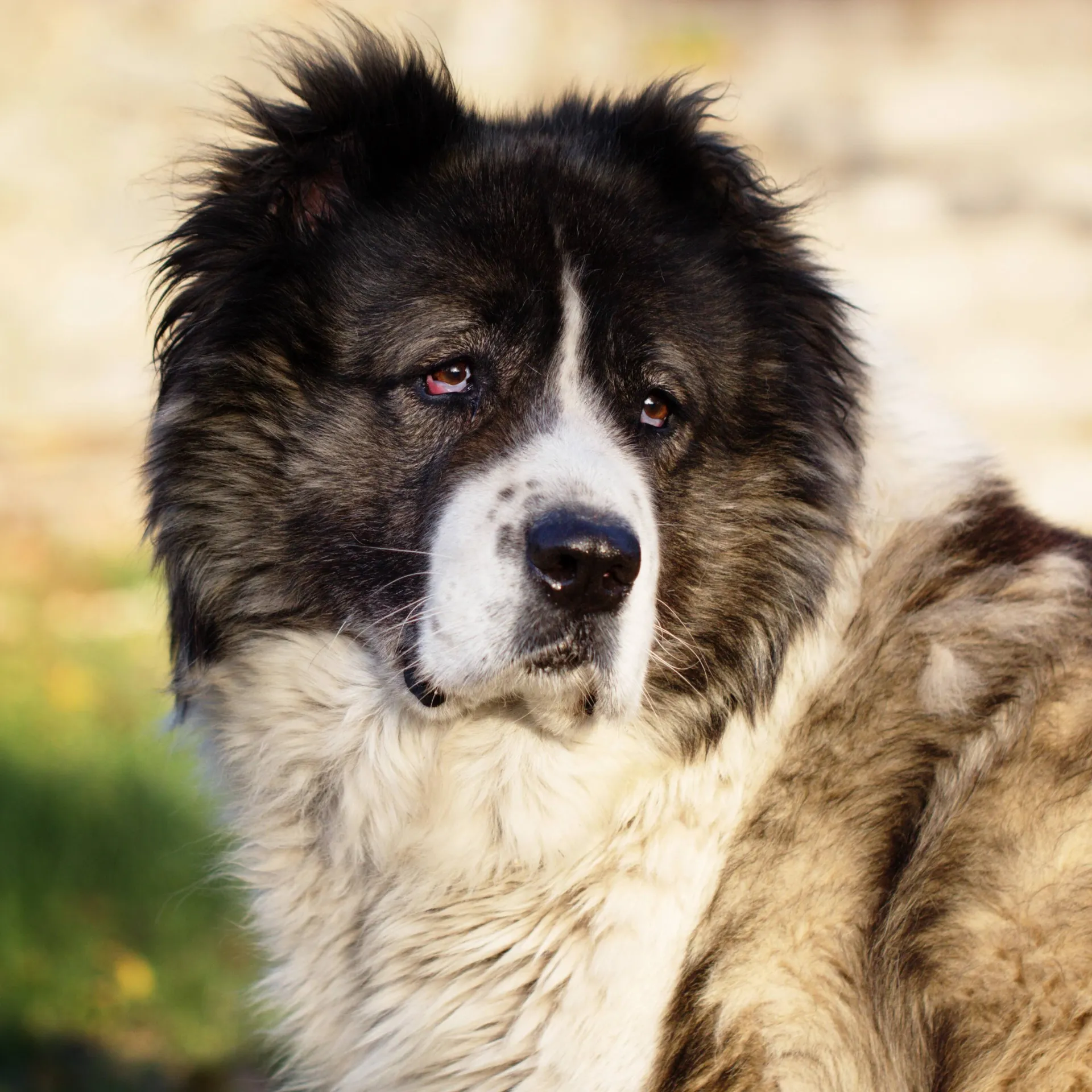 Close up of a large fluffy dog with black white and tan fur possibly a Caucasian Shepherd