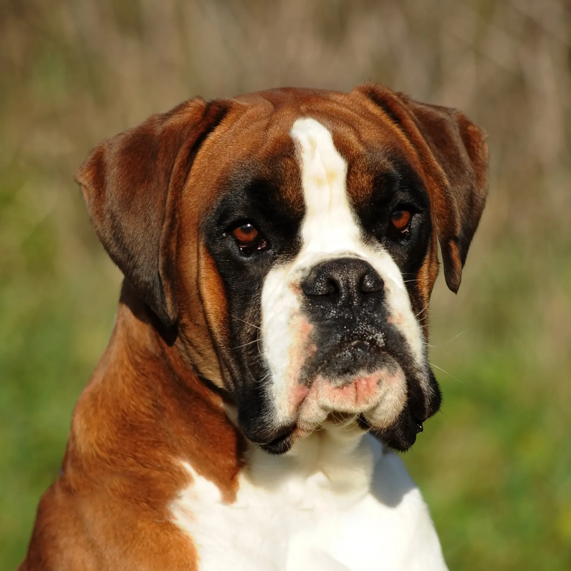 Brown white Boxer dog headshot looking forward with a green background