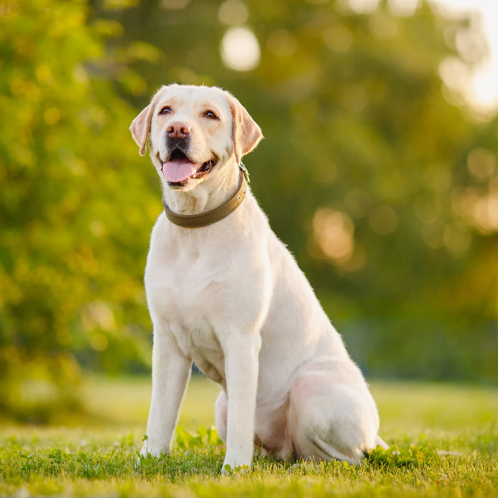 White Labrador Retriever dog sits on green grass and trees behind it