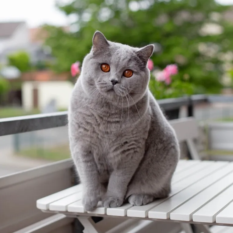Gray British Shorthair cat with copper eyes sits attentively on a white outdoor table