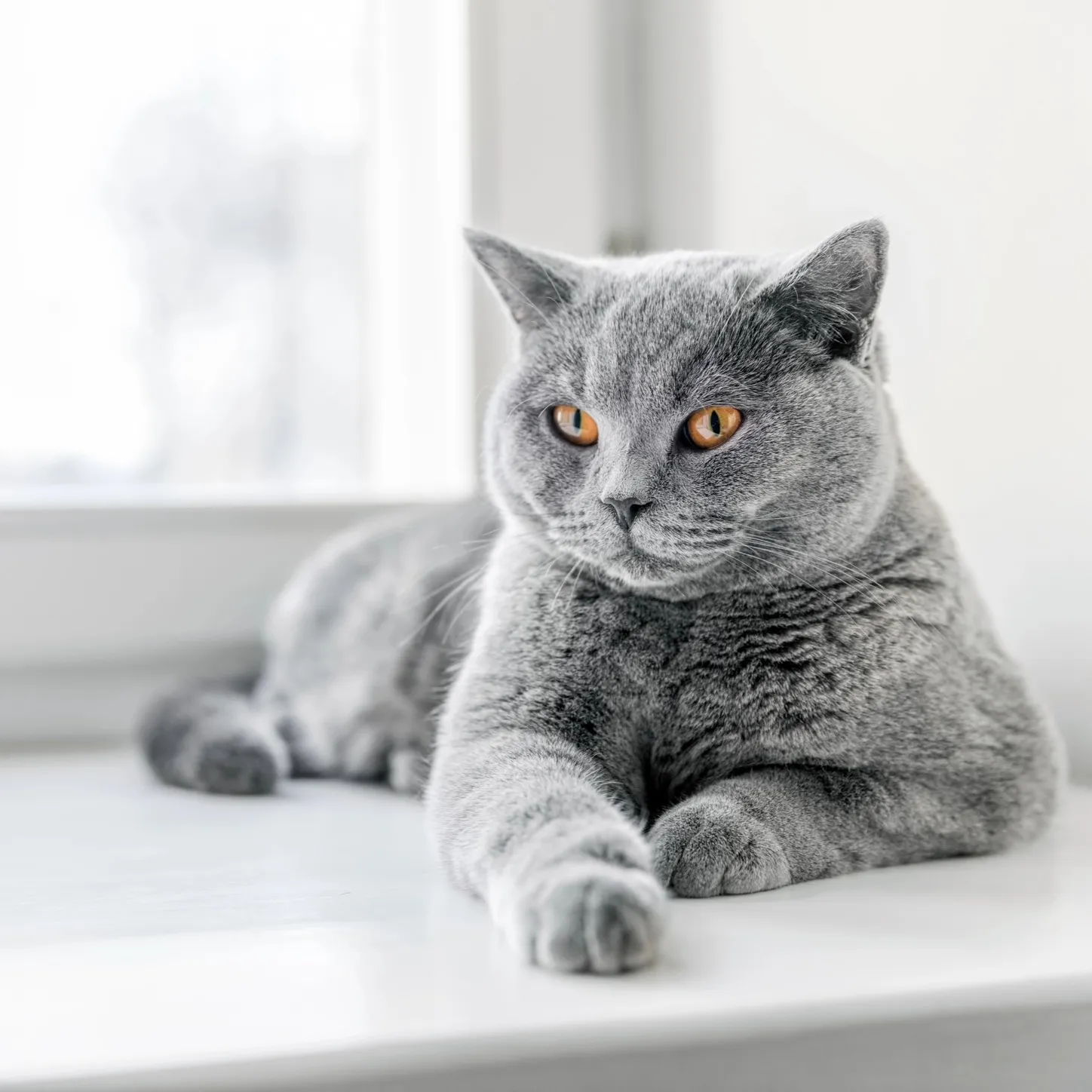 Gray British Shorthair cat with orange eyes lies comfortably on a white windowsill