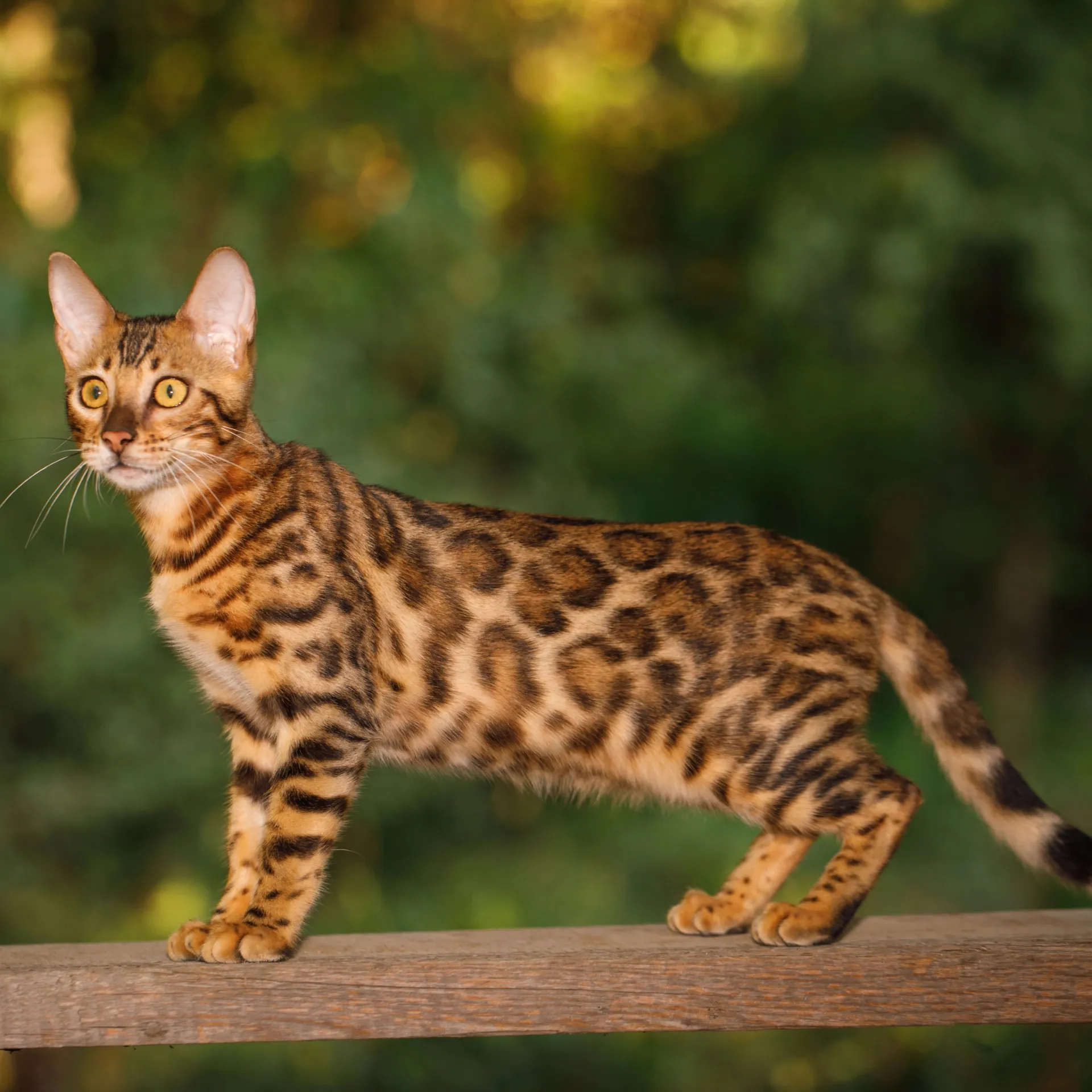 Bengal cat with a striking spotted and rosetted coat and green eyes stands on a wooden beam outdoors