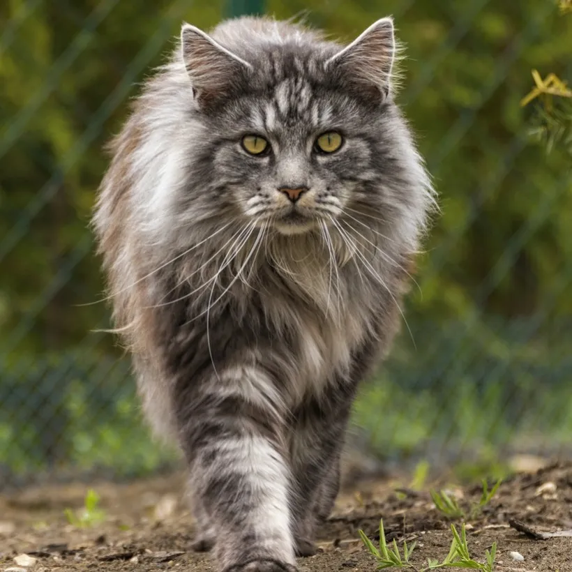 Fluffy grey and white Maine Coon cat with yellow eyes walking towards the viewer on dirt and grass