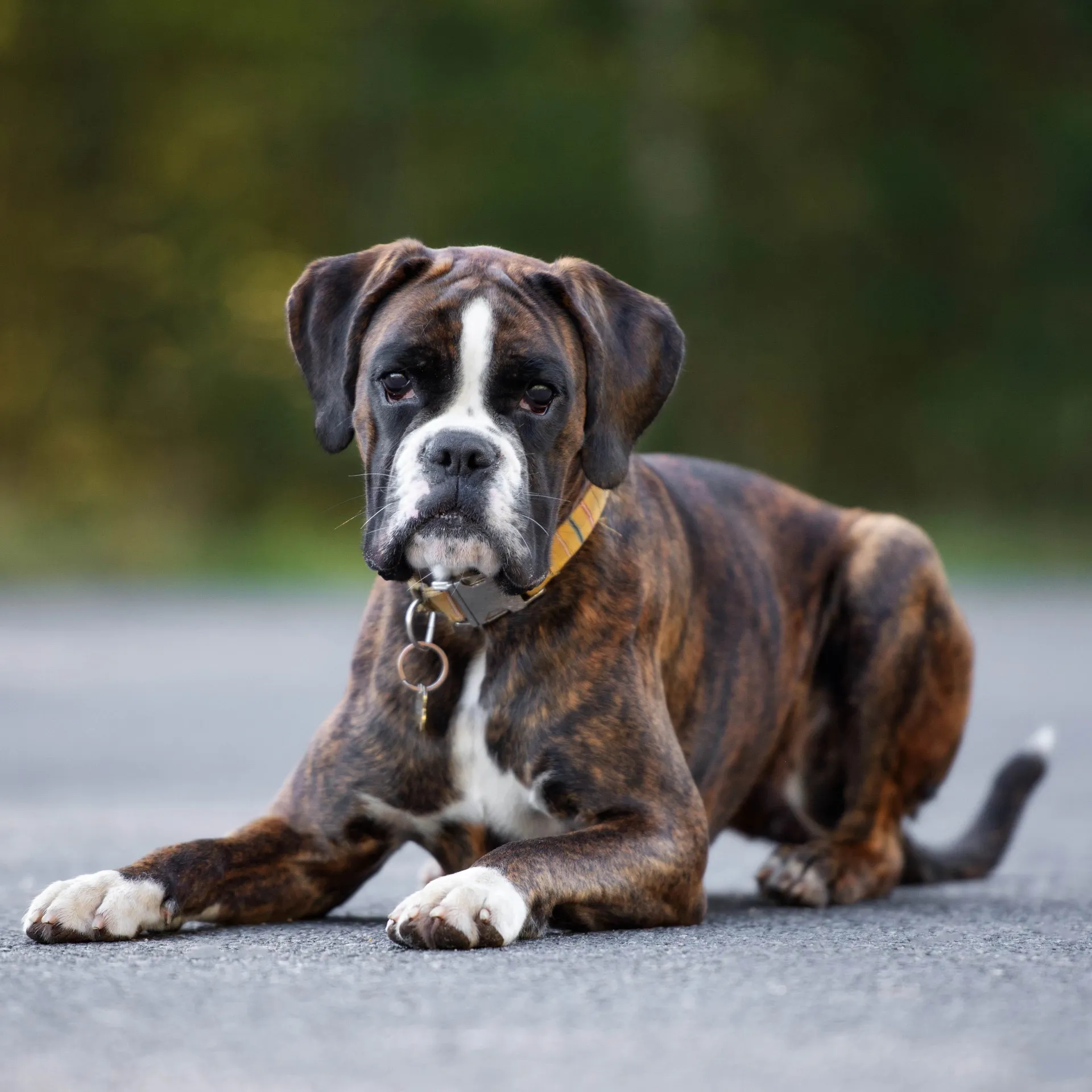 Brown Boxer dog lies on a gray surface looking forward with a yellow collar
