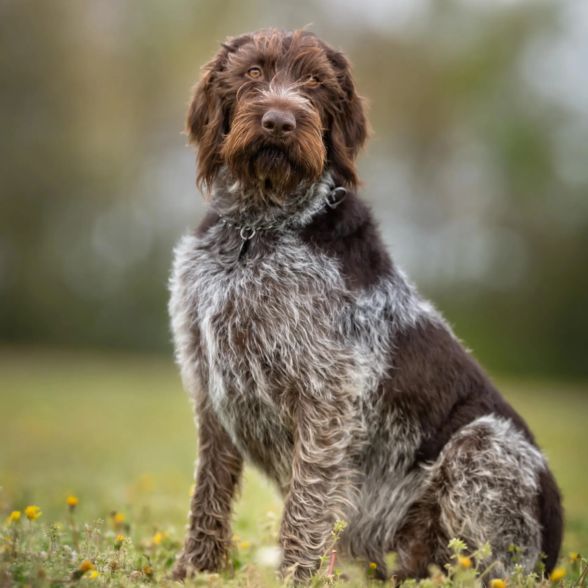 Brown and gray German Wirehaired Pointer with a beard sitting in a field