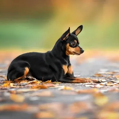 A black and tan Russian Toy dog is lying down on a surface covered with fallen leaves