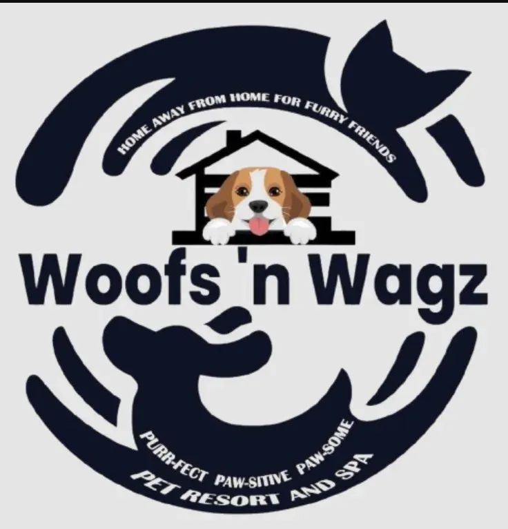 Circular logo for Woofs n Wagz a pet resort and spa featuring a dog in a house