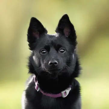 Black Schipperke dog with erect ears and curled tail standing on grass