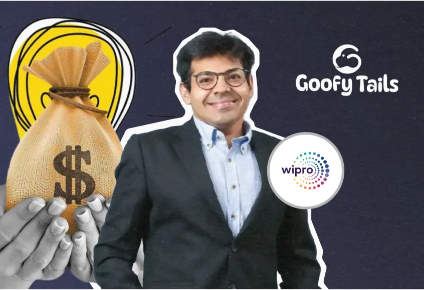 Goofy Tails Founder Karan Gupta with a BG of Goofy Tails logo and dollar graphics