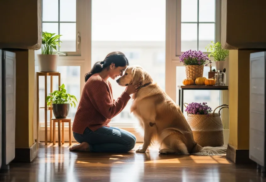A woman holding her dog lovingly