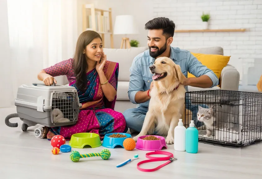 A picture depicting pet parents with different set of pet products