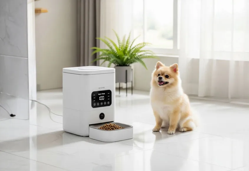 A dog with pet feeders