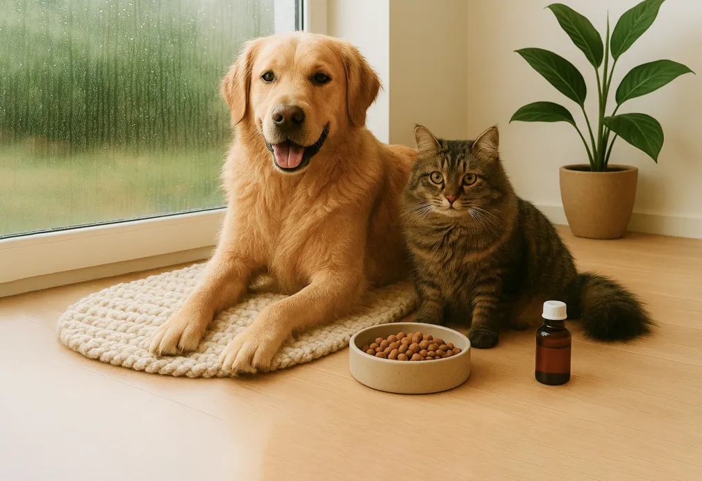 a dog and cat eating there food