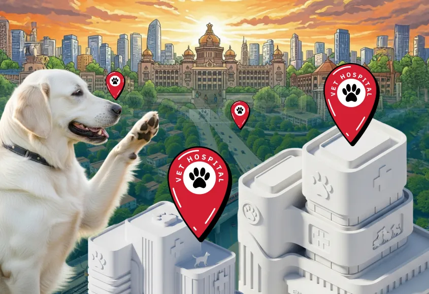 Representative image of a dog and various vet hospitals with a vidhan souda BG