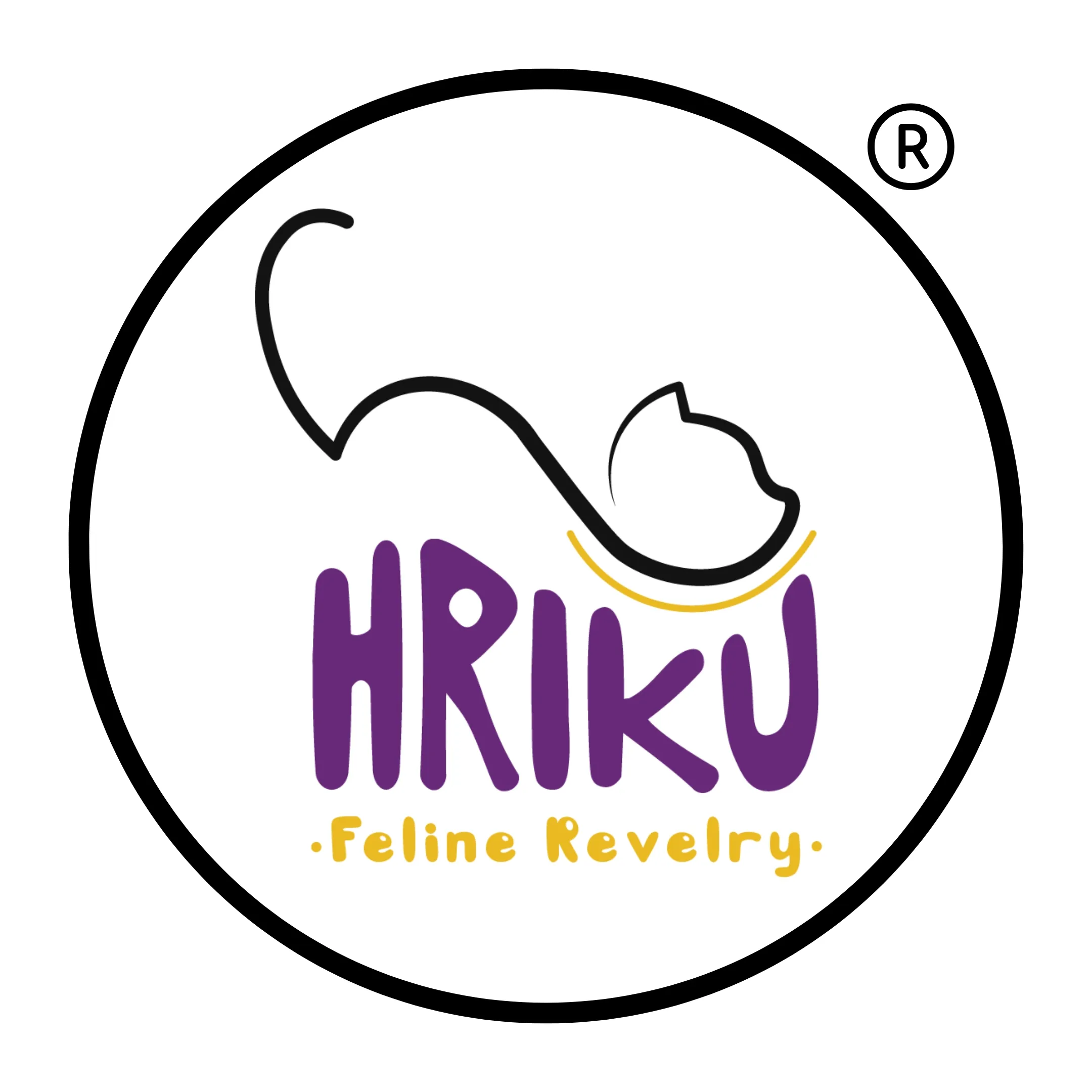 Hriku Feline Revelry logo with a cat outline and purple text