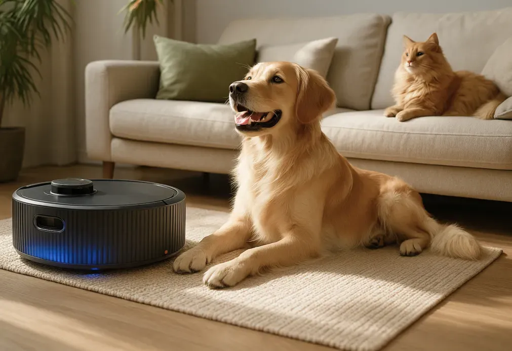 A golden retriever dog lies on a rug beside a black robot vacuum cleaner in a cozy living room