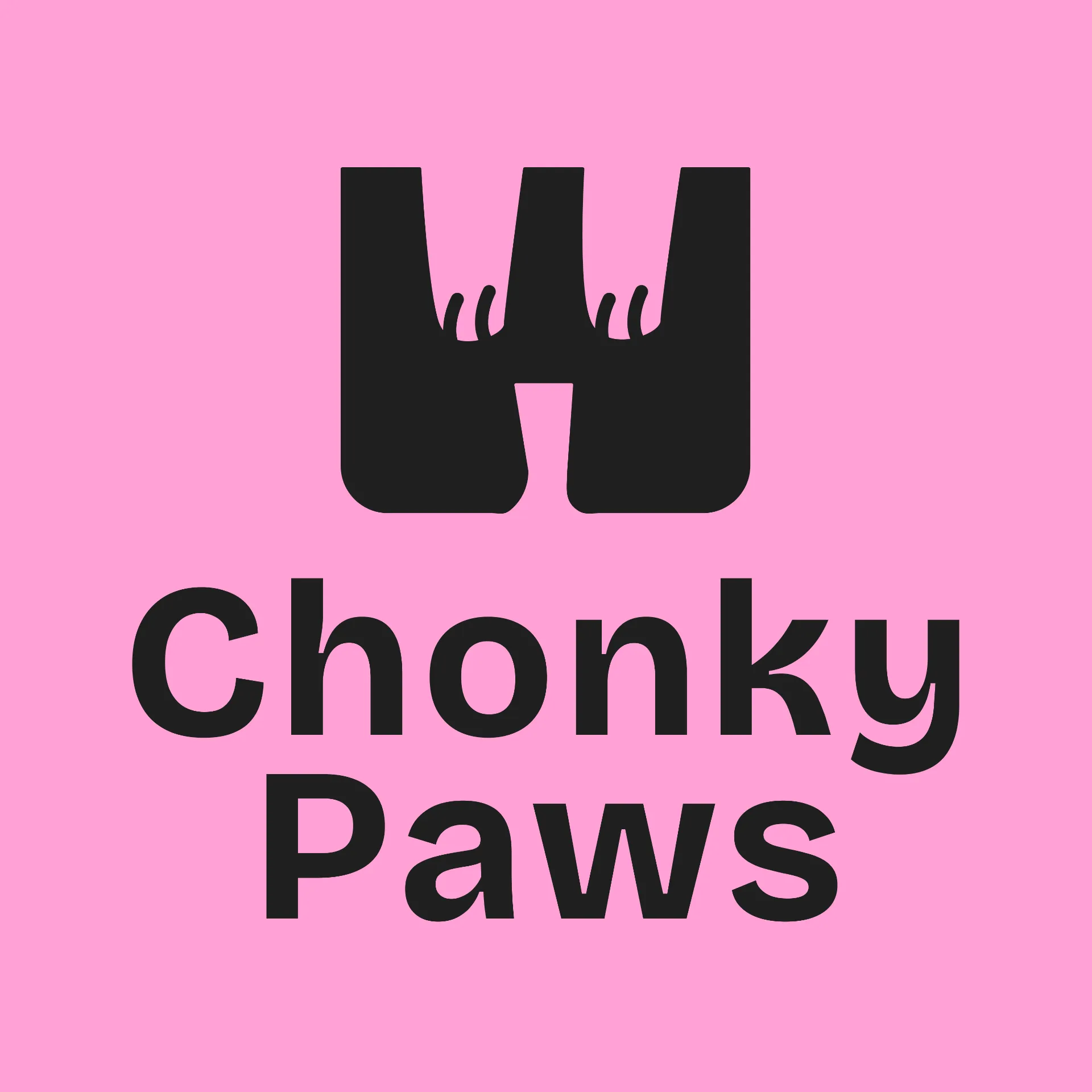 Black paw print logo with Chonky Paws text on a pink background