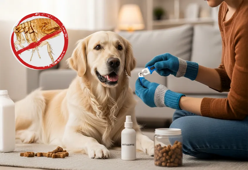 Person using a tick removal tool on a Golden Retrievers fur at home