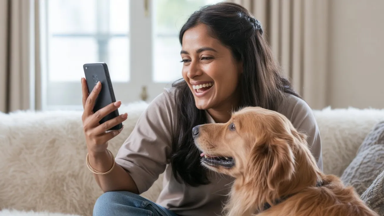 Lady with a dog scrolling instagram
