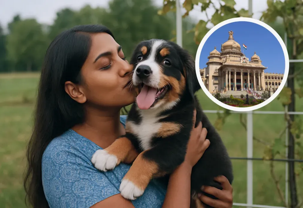 Woman kissing a happy Bernese Mountain Dog puppy in a park