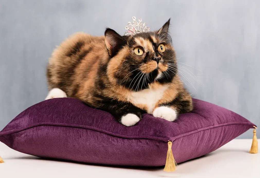 Fluffy cat wearing a crown tiara lying on a purple velvet cushion with golden tassels
