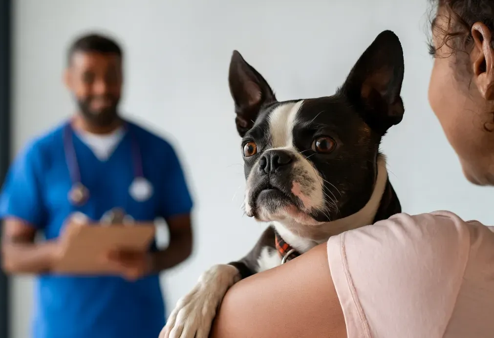 Black and white Boston Terrier being held by its owner looking alert