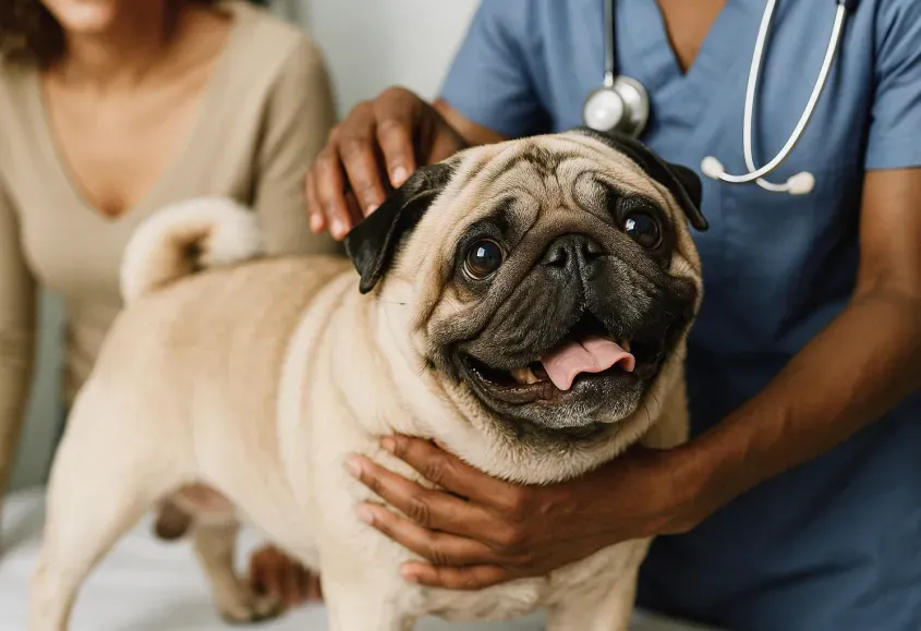 A pug getting inspected by the veterinarian
