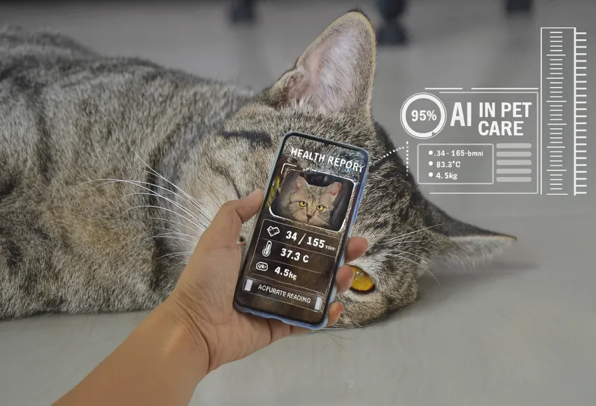 Person scans cat health report on smartphone