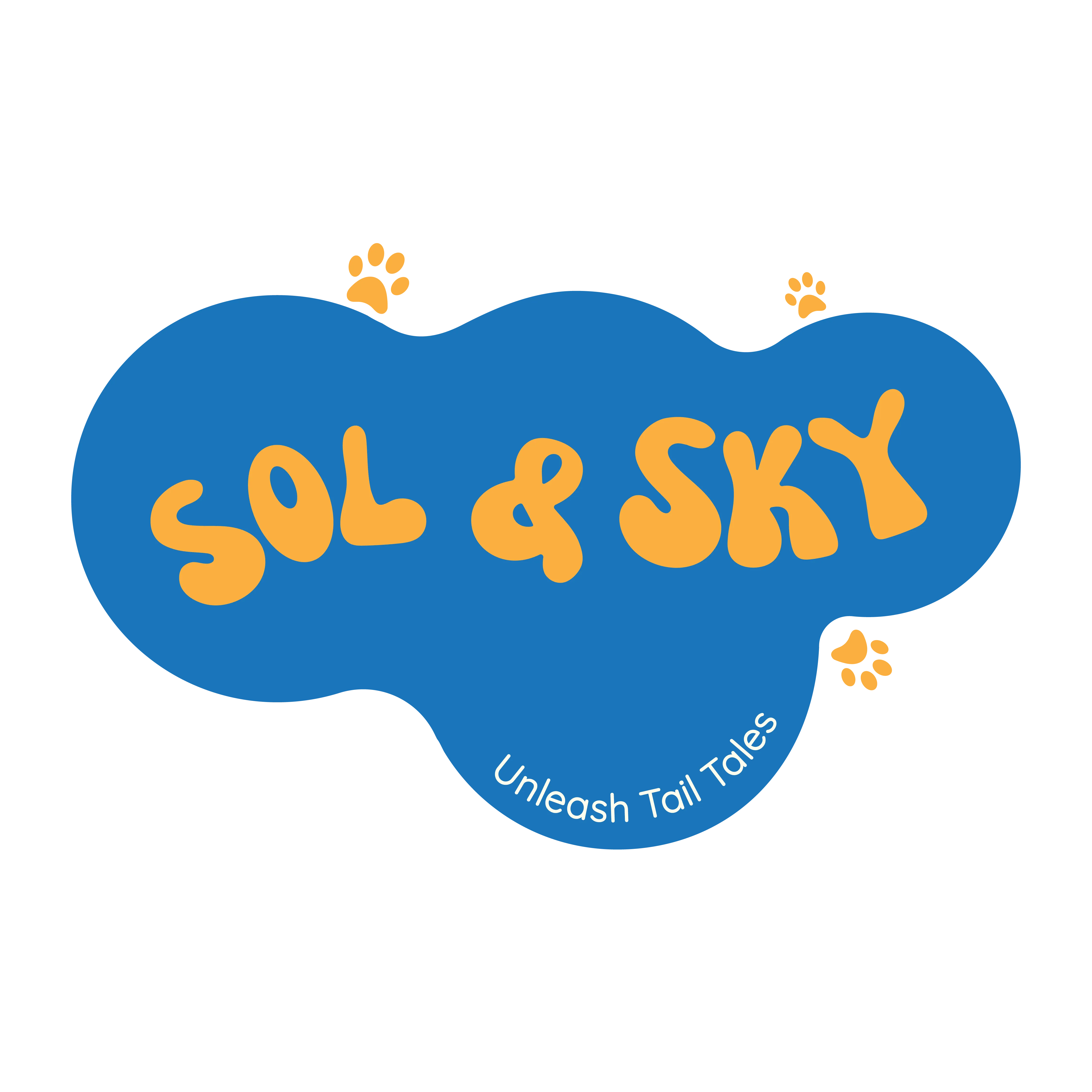 Sol and Sky Unleash Tail Tales logo with paw prints on a grey background
