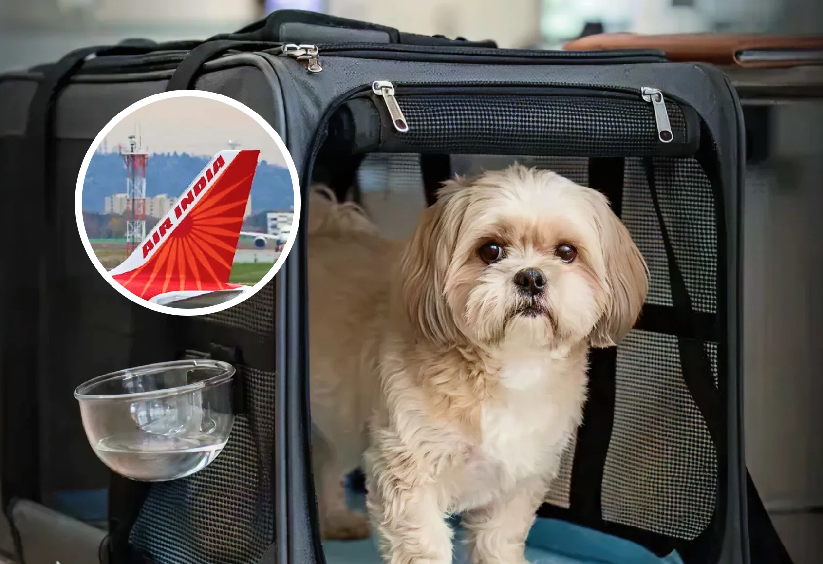 dog in a carrier  Air india logo