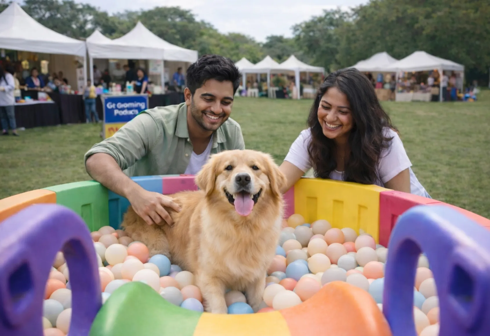 Pet parents are playing with their pet in pet show